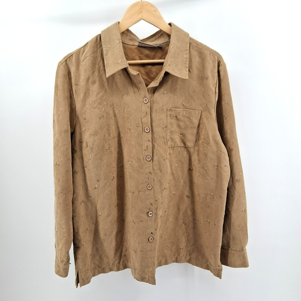 Croft &‎ Barrow Tan Button Up Shirt Sz XL Gold Floral Embroidery Western Cowgirl